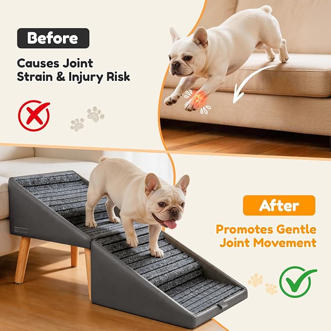 17" H Dog Stairs for Small Dogs – 4-Step Non-Slip Dog Ramp for Couch, Foldable 2-in-1 Pet Stairs & Ottoman, Upgraded Pet Steps for Puppies, Senior Dogs & Injured Pets, Solid Wood Frame (Grey)