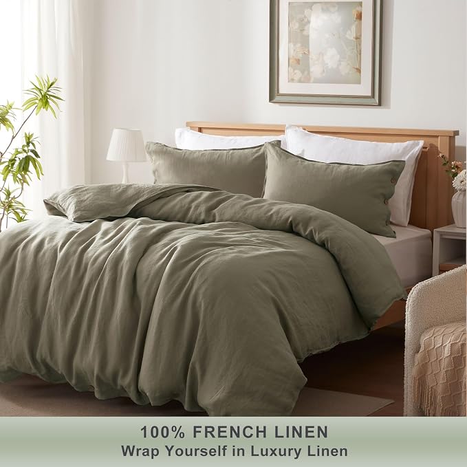 TOSMO 100% Linen Duvet Cover Set with Button Closure, 2 Pieces (1 Duvet Cover with 1 Pillowcase), Soft Breathable Durable Farmhouse Bedding - Twin, Taupe