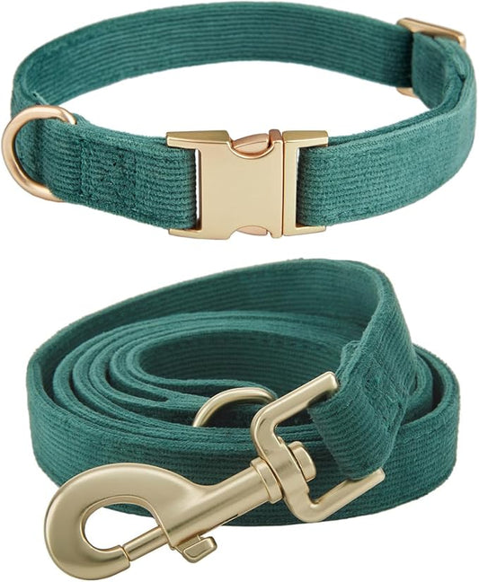 Soft Corduroy Dog Collar and Leash Set Adjustable Durable Dog Collars with Metal Buckle and Lead for Small Dogs,Dark Green
