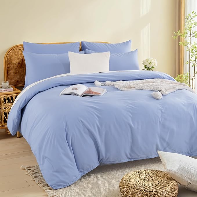 NEXHOME PRO Full Duvet Cover Set, 100% Washed Cotton with Linen-Like Texture, Natural Organic, Breathable & Comfortable, Includes Home Bedding Set Baby Blue (No Comforter) 8090
