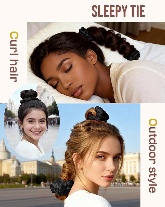 BONNET QUEEN Multi-function Satin Heatless Hair Curler & Hair Tie Non-Heating Hair Roller Curling Rod with Scrunchie, Large, Black(For Big Curls)