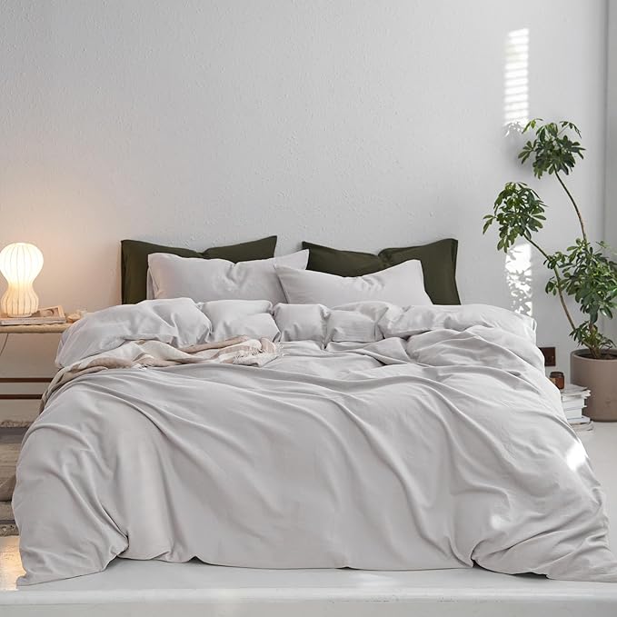 MooMee King Duvet Cover Set, 100% Washed Cotton Linen Like Twill Thick Sturdy Material Super Soft Breathable Durable Bedding for All Season, 3 Pieces (Light Gray, King 104"x90")