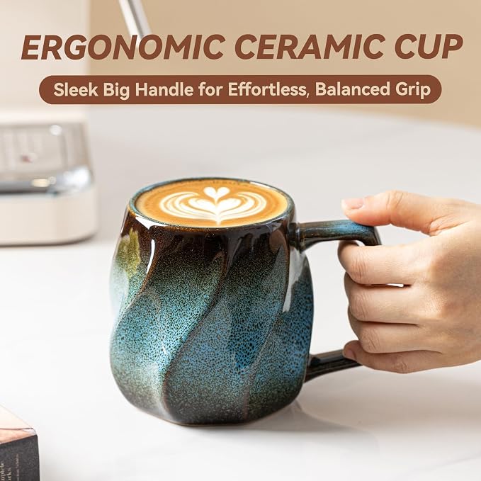 Deep Sea Aurora Ceramic Coffee Mug - 17 oz Unique Reactive Glaze Coffee Cup with Ergonomic Handle, Ceramic Mug for Office Home, Birthday Gift for Men Women