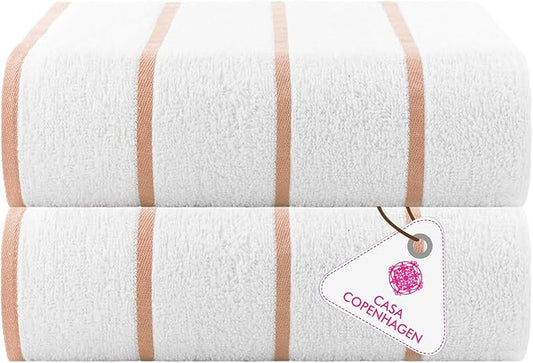 CASA COPENHAGEN Cabana Pool 2Pcs 100% Egyptian Cotton XL Designer Bathsheet Beach Towels Gift Set- White Cream, 500GSM, 35"x70", Bath Sheet Beach Towels (Box Pack, Set for Women & Men)