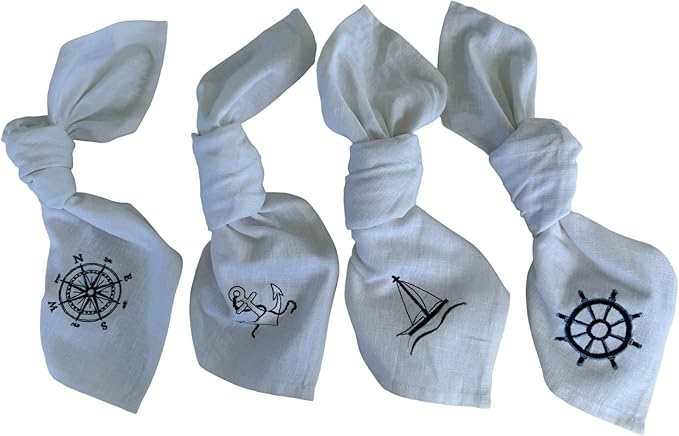 White Linen Dinner Napkins - 100% Linen Cloth - Fully Hemmed with Mitered Corners - Washable - Pack of 4 (Nautical Sailing Embroidered)