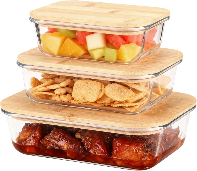 3 Pcs Glass Containers with Wood Lids, Silicone-Sealed, Stackable Meal Prep Food Storage Set, Reusable Lunchbox for Lunches, Picnics, 12.5 Oz - 35.2 Oz