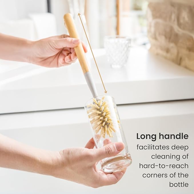Vigar Zeroline 13.9" Bamboo Bottle Brush With Long Handle - Water Bottle Brush for Glassware, Tumblers, Jars and Vases, Kitchen Dish Scrubber, Wooden Bottle Cleaner, Dish Brush for Sink, Kitchen Brush