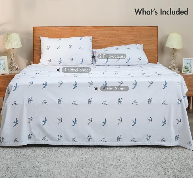 RUVANTI Flannel Sheets Queen Size - GOTS Certified 100% Organic Cotton, 4 Piece Warm, Soft & Breathable Set, Deep Pocket Snug Fit, Double Brushed Cozy All Season Bedding, Whispering Wings