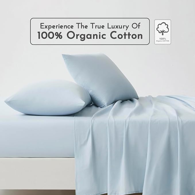 Linen Closet 100% Organic Cotton Full Size Sheets Set, 4 Pcs, Light Blue - Percale Bed Sheets & Pillowcases Set - Up To 16" Deep Pocket Fitted Sheet - Cooling, Crisp & Breathable - For Hot Sleepers