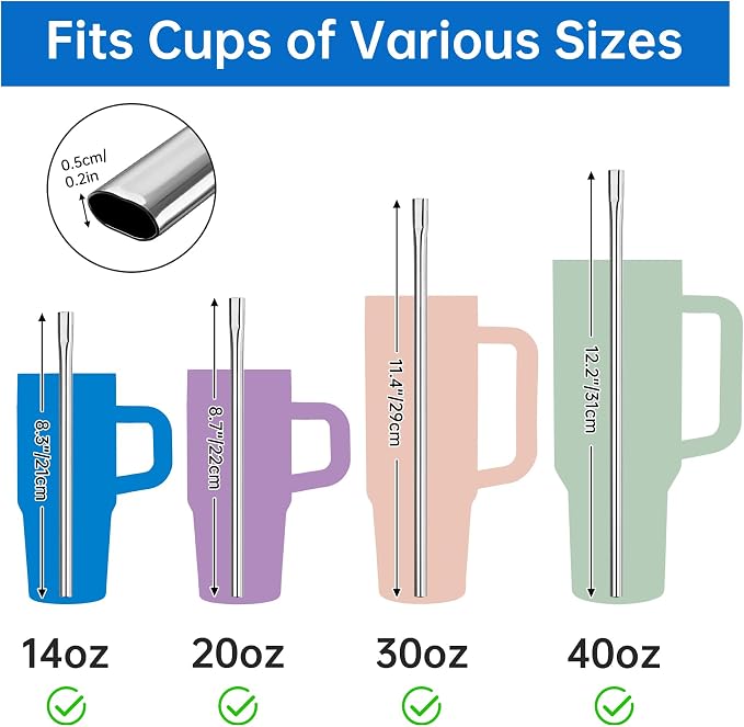 NiHome 8-Pack Anti-Wrinkle Flat Tip Stainless Steel Straws Fit for Stanley Cups, with 2 Brushes & Portable Storage Bag, 4 Lengths for 14oz 20oz 30oz 40oz Tumblers, Dishwasher Safe Reusable Straws