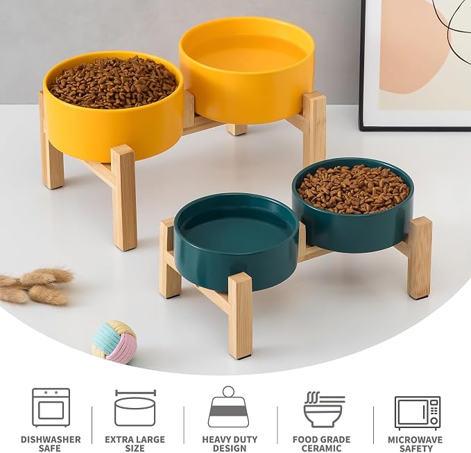 Elevated Ceramic Dog Bowl Set - Raised Dog Bowls with Non Slip Bamboo Stand, Food and Water Bowl Set for Kitty, Cats and Toy Breed Dogs, Pet Bowls, Weighted Dogs Dishes (5.1'', 2*16OZ, Green)