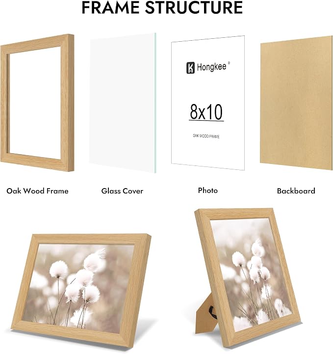 Hongkee 8x10 Oak Wood Picture Frame (1 Pack, Natural) with Real Glass Cover | 8 x 10 Solid Wood Frame for Wall or Tabletop Display - Includes Easel Back, Vertical Hang - Ideal for Home, Office