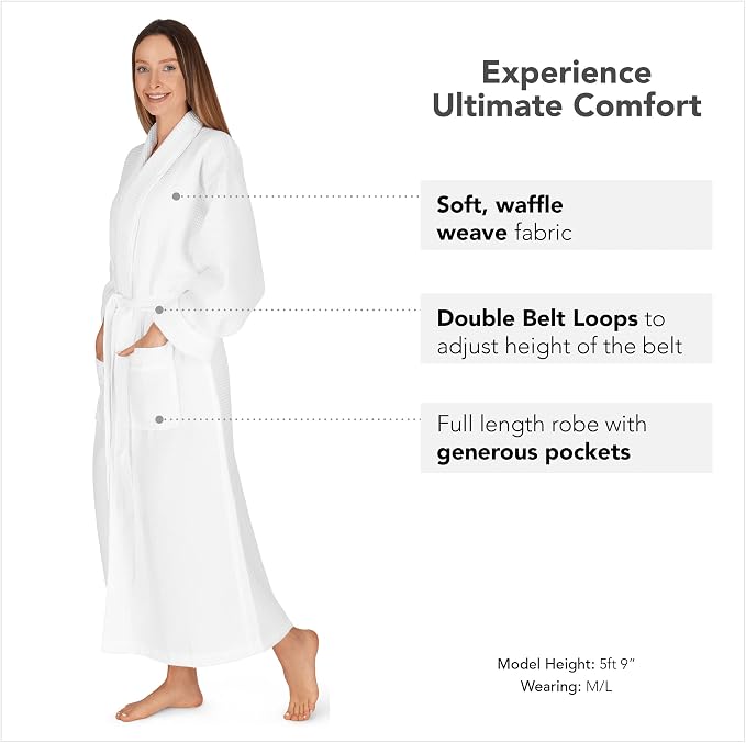 Women's Waffle Robe by Boca Terry, Lightweight Waffle Knit Summer Bathrobe | Full length, soft spa & hotel bath robe for women