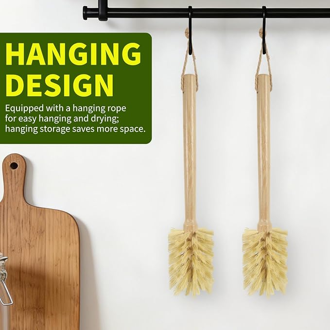 SAMEBUTECO Natural Bamboo Cup Cleaning Brush Set of 2 – 11.5 Inch Sisal Bristle Bottle Brush with Flat Head Design, Wooden Handle with Hanging Hole & Rope for Cups, Mugs, Glasses, Water Bottles