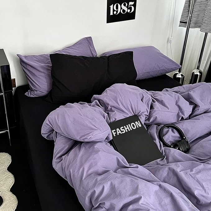 mixinni Solid Purple Duvet Cover Set Queen Size - 100% Washed Cotton 3-Piece Minimalist Bedding Set, Ultra Soft Breathable Solid Color Purple Comforter Cover with Zipper & Corner Ties, Full Size
