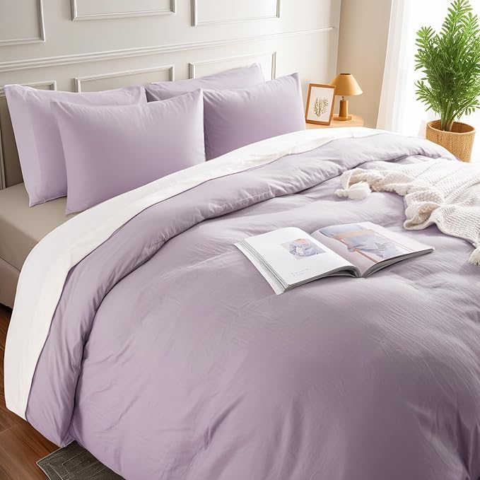 NEXHOME PRO Duvet Cover Set 100% Washed Cotton Oversized Queen 92"x98", Organic Natural Linen Look Textured 3 Pieces Bedding Set Lavender Lilac with Zipper Closure, Breathable Soft (No Comforter)