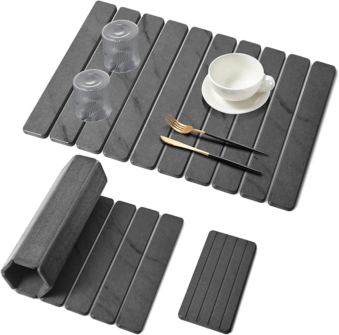 Large Stone Dish Drying Mat for Kitchen Counter, Quick Dry Dish Drying Mats, Foldable Absorbent Diatomaceous Earth Mats for Plate Rack Bottles Cups, Match Any Countertop (Gray Marble 24"×16" & 8"x4")