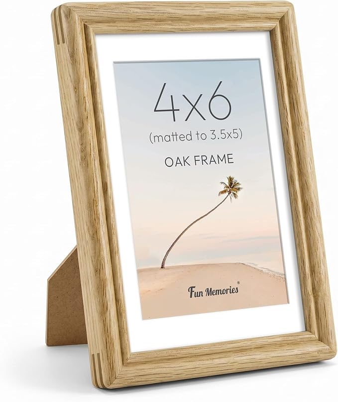 4x6 Picture Frame with Mat for 3.5x5, USA-Sourced Natural Oak Wood Handcrafted Rounded Corner with HD Tempered Glass, 4 x 6 Photo Frames Gallery Wall & Tabletop, Vertical or Horizontal Display