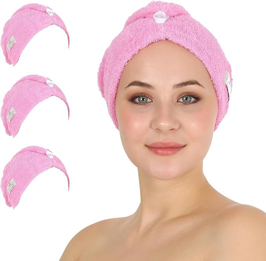 HALLEY Cotton Hair Towel Wrap (3 Packs) Super Absorbent Fast Drying Hair Towel for Thick Hair Turbans for Wet Hair with Button (Pink)