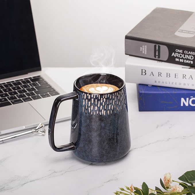 Extra Large Ceramic Coffee Mug,24 Oz,Oversized Tea Cup for Home and Office,With Big Handle,Dishwasher and Microwave Safe (24 Oz Blue with Star)