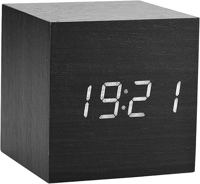 Wooden Alarm Clock, Digital Alarm Clock LED Time Temperature Display with Voice Control for Bedroom, Bedside, Desk, 6x6x6cm(Black)