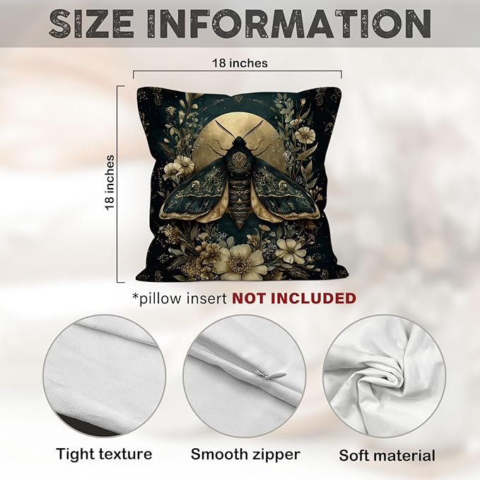 Gothic Moth Throw Pillow Cover Gifts 18x18, Vintage Dark Cottagecore Decor Pillow Cases for Bedroom Living Room, Moody Floral Botanical Decorative Square Pillowcases for Couch Bed Sofa