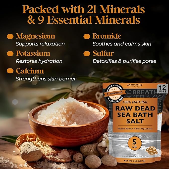 Aromasong RAW Natural Dead Sea Salt (5 LB.) with RAW Dead Sea Salt Infused with Natural Lavender Essential Oil (2.43 lb.) - Bath Soak for Women & Men with Tired Muscles & Skin Issues.