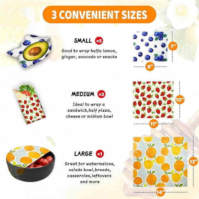 Reusable Beeswax Wrap - 9 Pack, Beeswax Wraps for Food, Eco-Friendly Beeswax Food Wrap, Organic, Sustainable, Biodegradable, Zero Waste, Plastic-Free Food Storage (Orange | Strawberry | Blueberry)