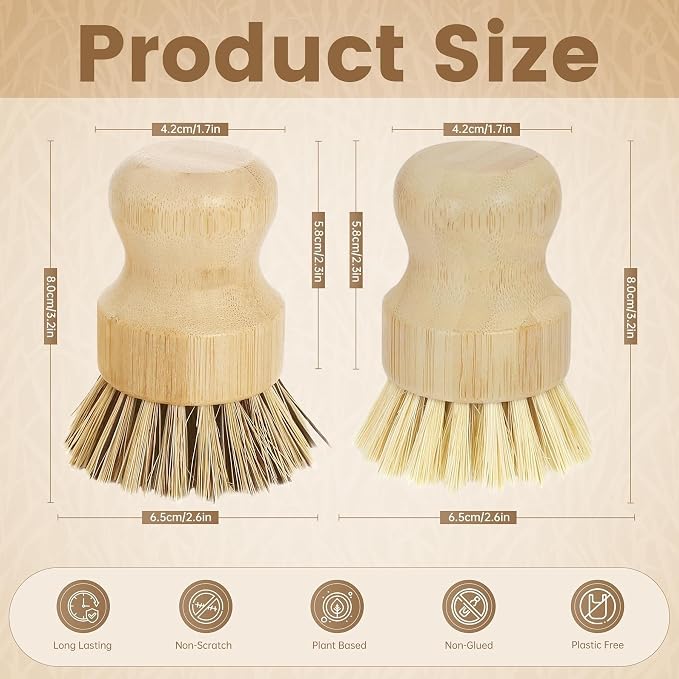 2-Pack Natural Bamboo Dish Brush Set – Eco-Friendly Scrub Brushes with Sisal & Palm Bristles for Non-Stick Cookware, Pots, Vegetables, and Kitchen Cleaning