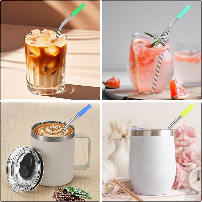 [10 Pcs] 6 Inch Reusable Metal Straws - 18/8 Stainless Steel Bendy Straw for Cocktail Coffee, Package with 10 Colors Silicone Tips and Metal Case, Short Straws for Cocktail Glasses and Coffee Mugs
