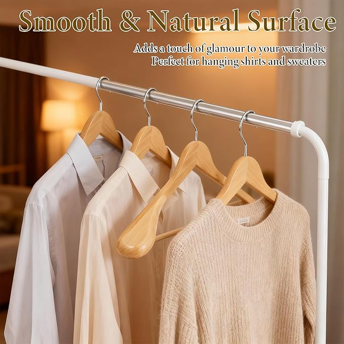 10 Pack Wooden Hangers, Heavy Duty Wide Shoulder Hangers with Non Slip Pants Holder, Solid Wood Jacket Clothes-Hangers with 360 Swivel Hook and Strong Pant Bar for Sweater, Pants, Coats(Natural)