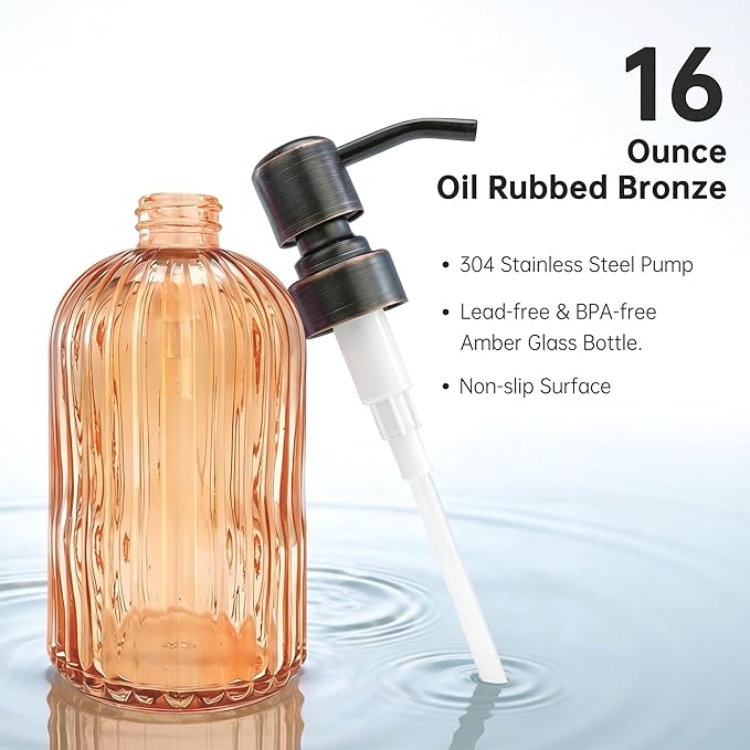 16 OZ Orange Glass Soap Dispenser,Clear Orange Stripe Bathroom Hand Soap Dispensers with Stainless Steel Bronze Pump, Kitchen Hand Soap Dispenser with Oil Rubbed Bronze Pump