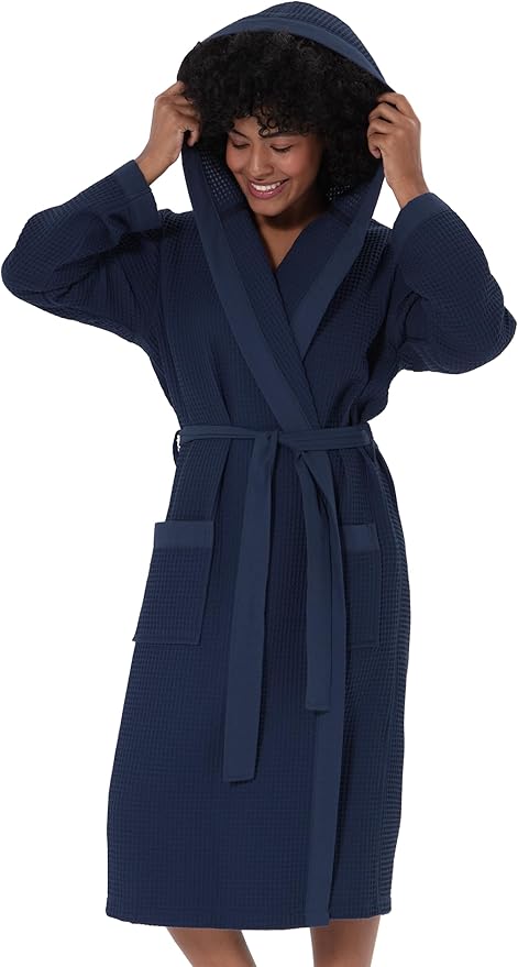 SEYANTE Women's Organic Cotton Waffle Kimono, Hooded Robe – GOTS Certified Lightweight Full-Length Spa Bathrobe with Piping