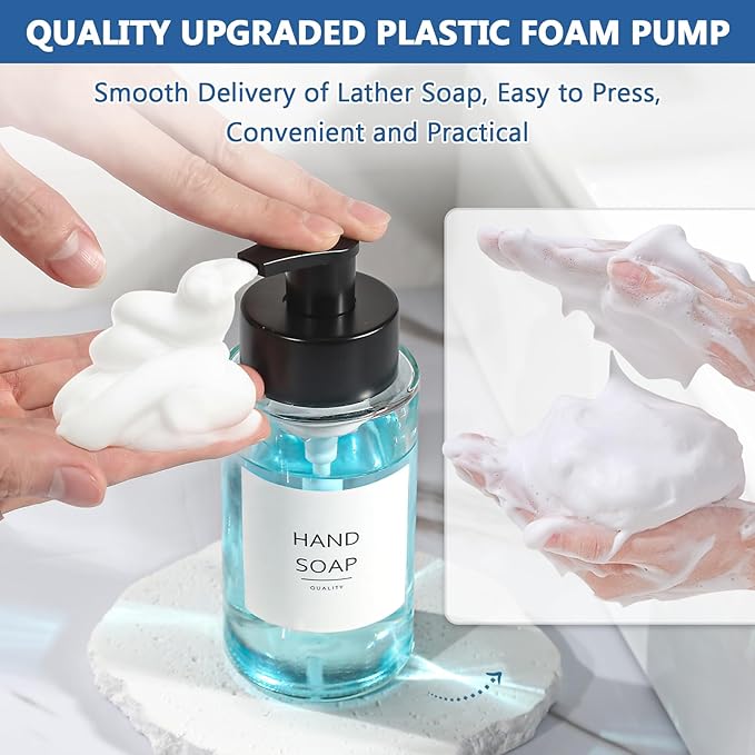 RYTOXILO Foaming Soap Dispenser, 10 oz/300ml Foaming Hand Soap Dispenser, 4 Pack Glass Dispenser for Bathroom & Kitchen, Clear Refillable Foam Dispenser Bottle with Waterproof Labels