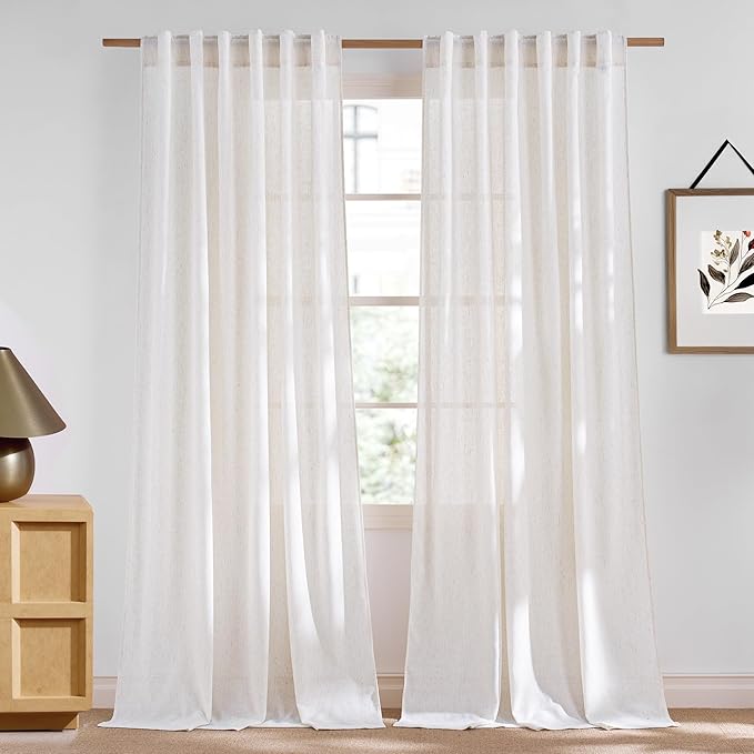 NICETOWN Linen Cream Curtains for Living Room 96 inches Long, Rod Pocket & Back Tab Semi Sheer Window Treatments Privacy Added with Light Filtering Drapes for Bedoom, W55 x L96, 2 Panels