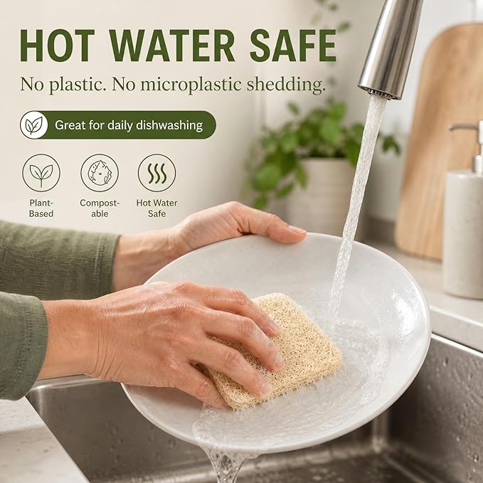Natural Loofah Dish Sponge, 100 Count Plant-Based Kitchen Cleaning Pads, Biodegradable Compostable Scouring Pads for Dishes, Pots, Pans and Sink, 2.75 x 2.75 Inch
