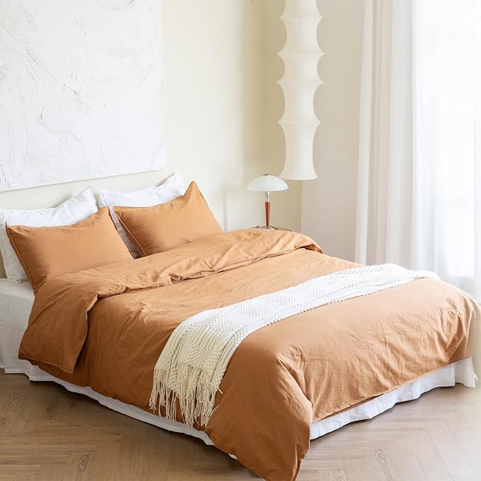 BISELINA French Linen Duvet Cover Set 3pcs with Hidden Zipper Closure Natural Flax Cotton Blend Solid Color Soft Breathable Luxury Farmhouse Bedding -King Size, Rust