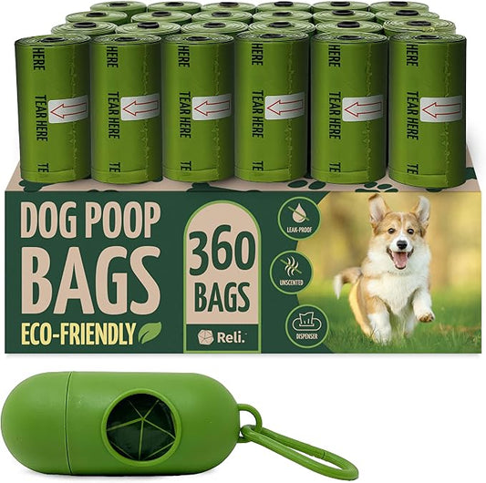 Reli. Poop Bags Rolls | Dog Poop Bags for Dogs (360 Count) | Biodegradable | Leak-Proof | 9x13" | Green Dispenser