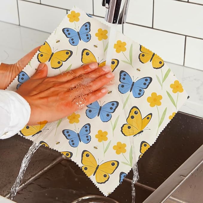 Reusable Beeswax Wrap, 9 Pack Eco-Friendly Beeswax Wraps For Food, Organic, Sustainable, Biodegradable, Zero Waste, Plastic-Free Food Storage, 1XL, 3M, 5S (Butterfly, Floral & Leaves)