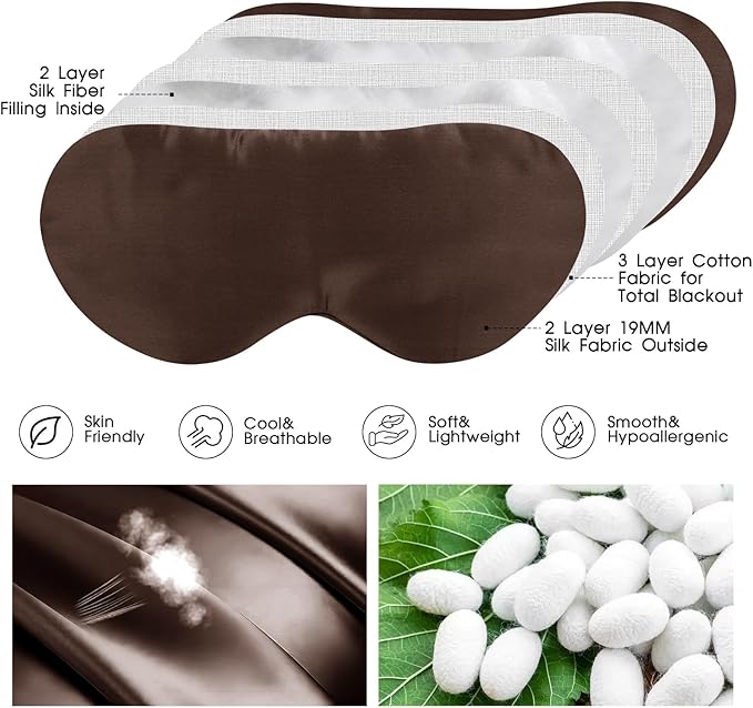 100% Mulberry Silk Eye Mask for Sleeping with Silk Wrapped Adjustable Strap,Brown