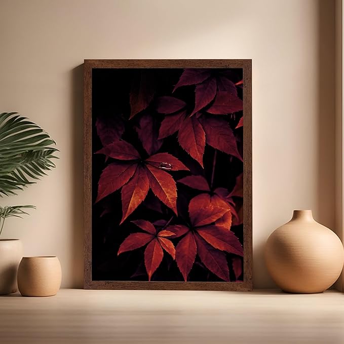 Monem Art Red Autumn Leaves Macro Photography Print - Moody Botanical Nature Poster - Wall Decor for Living Room, Bedroom or Office - 16x20 Brown Framed Wall Art by Mareike Bohmer