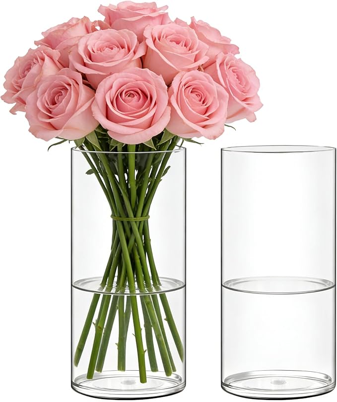 Acrylic Flower Vase Cylinder, 2 Packs, 7.87" Tall Clear Plastic Vase for Centerpieces - Shatterproof Wedding, Event & Home Decor Vase,7.87" Tall Round - 2 Pcs, Clear