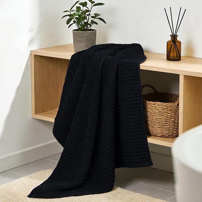 Jacquotha Waffle Bath Towel Set of 2 (Black) - Cotton, Thin, Low Lint, 31” x 62” Soft Bath Towels for Bathroom, Shower, Pool & Beach
