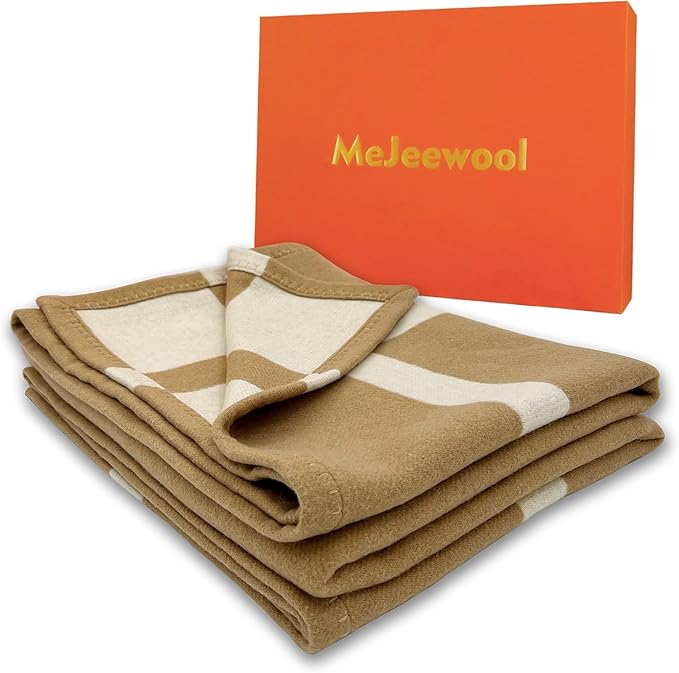 Wool Blanket & Throws 90% Wool Warm Blanket Soft Couch Blankets 75"x55" Twin Throw Blankets for Living Room, Camping, Outdoors, or Car Travel with Exquisite Box for Gift (Camel)