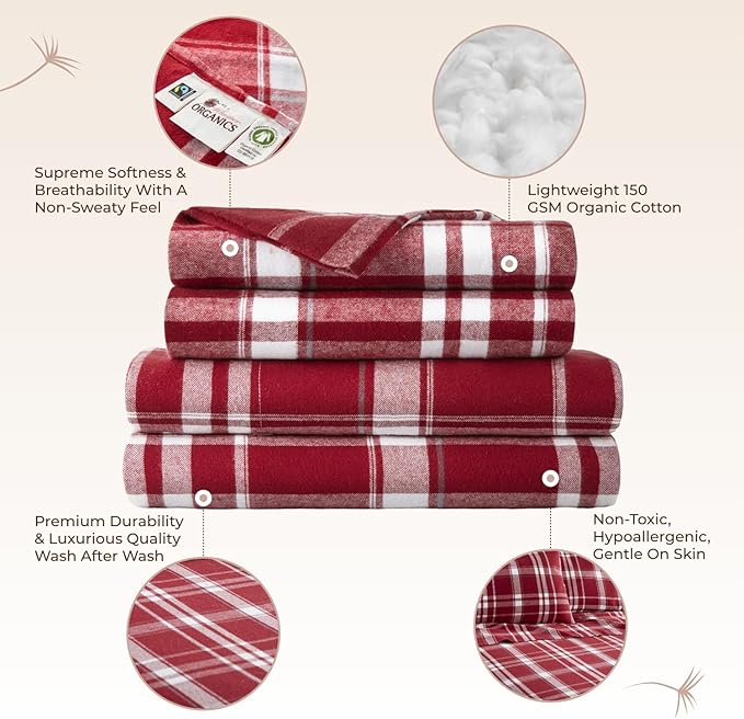 100% Organic Flannel Sheets Full Size - GOTS Certified 100% Cotton Flannel Sheets Set with Comfortable Soft Brushed Finish & Deep Pocket - 1 Flat 1 Fitted & 2 Pillowcases (Plaid, Full)