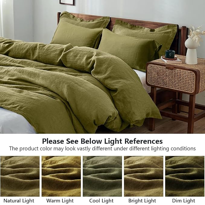 Simple&Opulence 100% Washed Linen Duvet Cover Set 5pcs(1 Duvet Cover& 2 Shams& 2 Pillowcases) Basic Style Natural French Flax Soft Breathable Farmhouse Bedding (King, Olive Green)