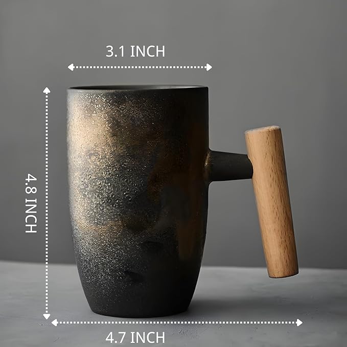 Hippo Family Vintage Ceramic Mug with Wooden Handle, 12oz, Rustic Matte Ceramic Glaze,Japanese Style (Gilding)