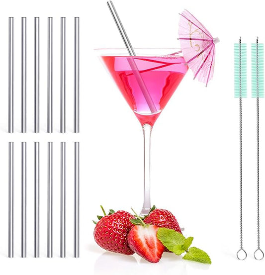 Teivio 12 Pack + Cleaning Brush, 5-inch Extra Short Reusable Stainless Steel Drink Straws for Cocktails, Small Glasses or Cups (Silver)