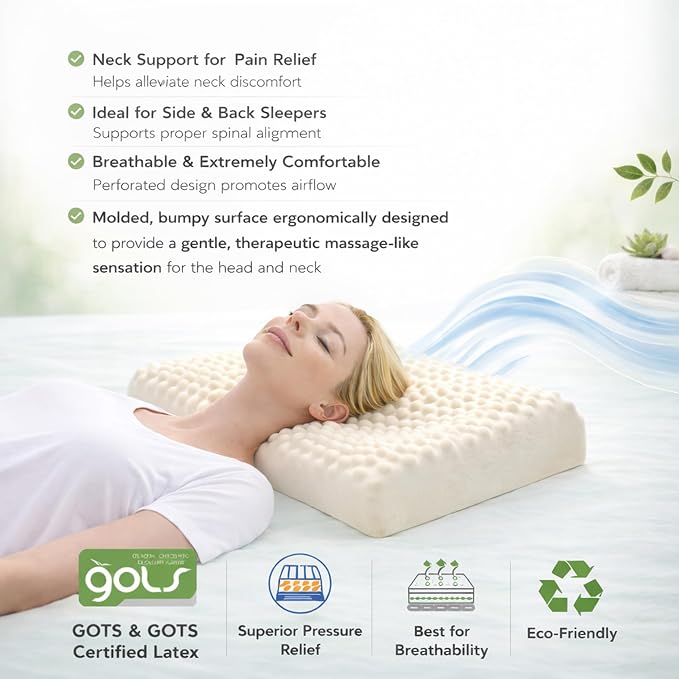 ORGANIC TEXTILES Organic Latex Contour Pillow with Organic Cotton Cover - GOTS & GOLS Certified, Ergonomic Contour Design, Bed Pillow, Spine Support - (Knobby) - Pack of 2