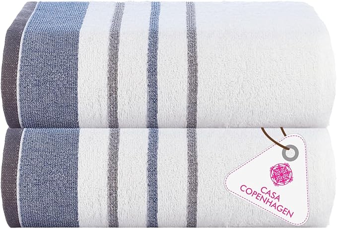 CASA COPENHAGEN White Bay 2Pcs 100% Egyptian Cotton Large Designer Bathsheet Towels Gift Set- Grey - Blue, 600GSM, 35"x70" 2Bath Sheet Towels for Bathroom (Gift Set for Women & Men)